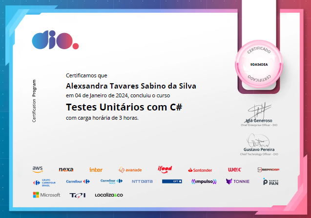 Certificado Testes Unitários com C# - Dio